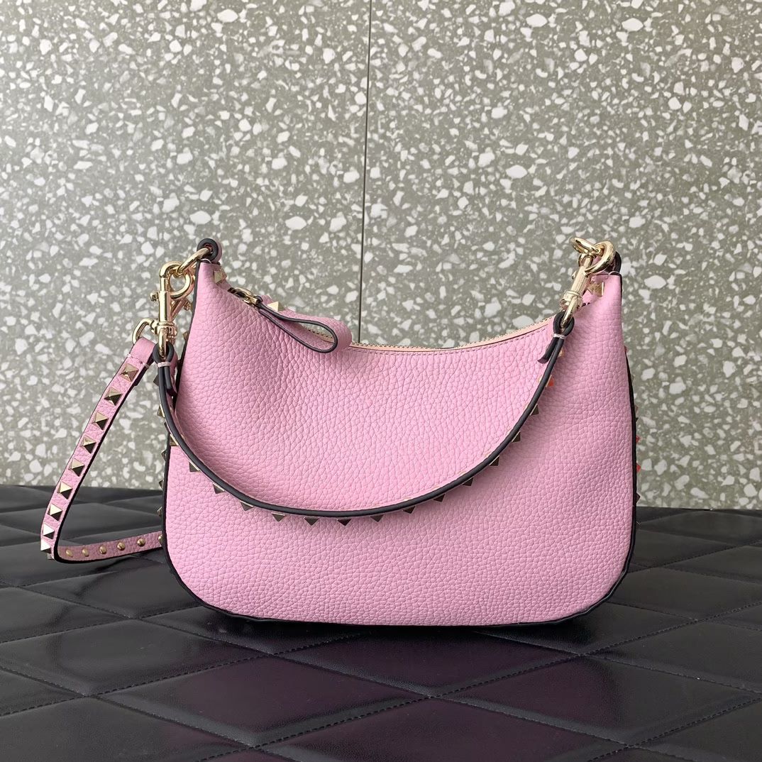 Valentino Garavani Rockstud Small Hobo Bag in Pink Grainy Calfskin